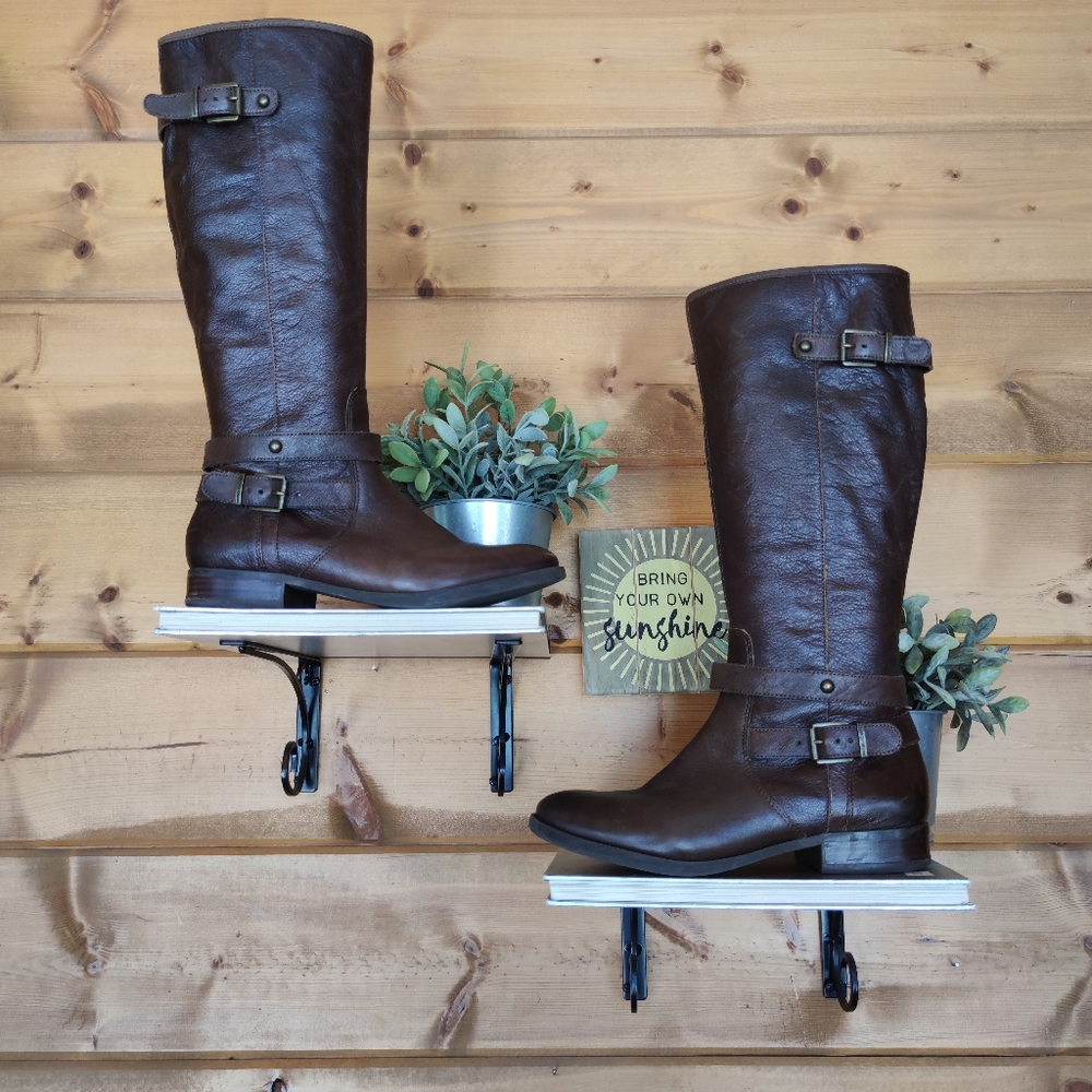 Arturo Chiang 💜 Fionia Knee High Brown Leather‎ Riding Boots Buckle Zip 8.5 M